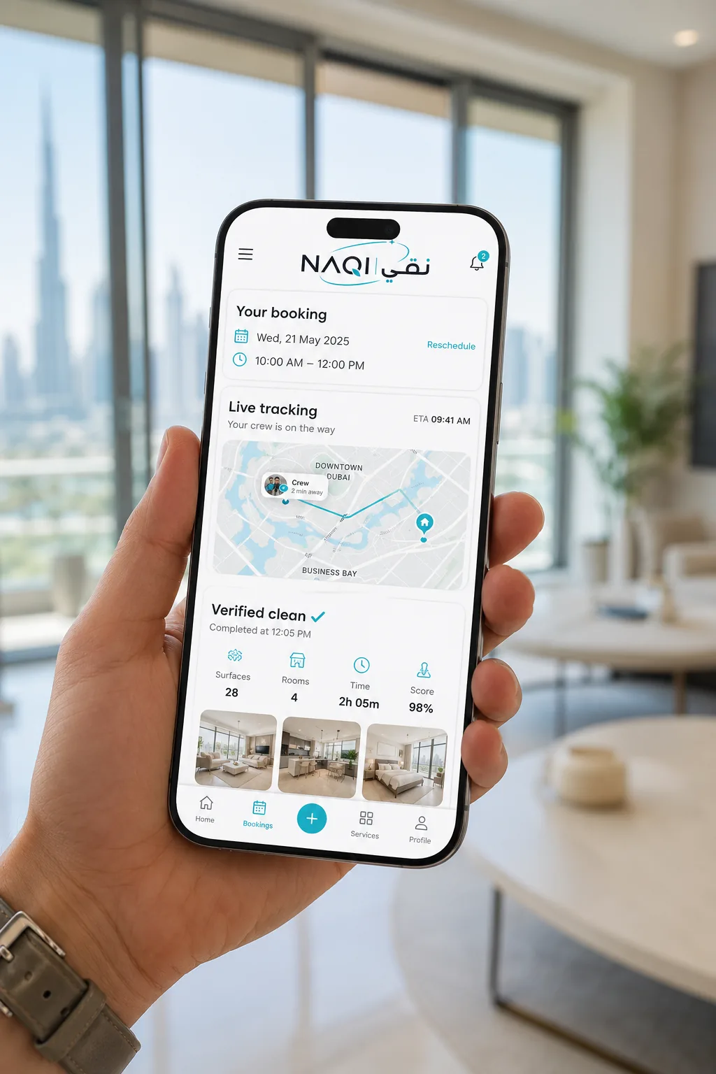 The app — book, track, verify